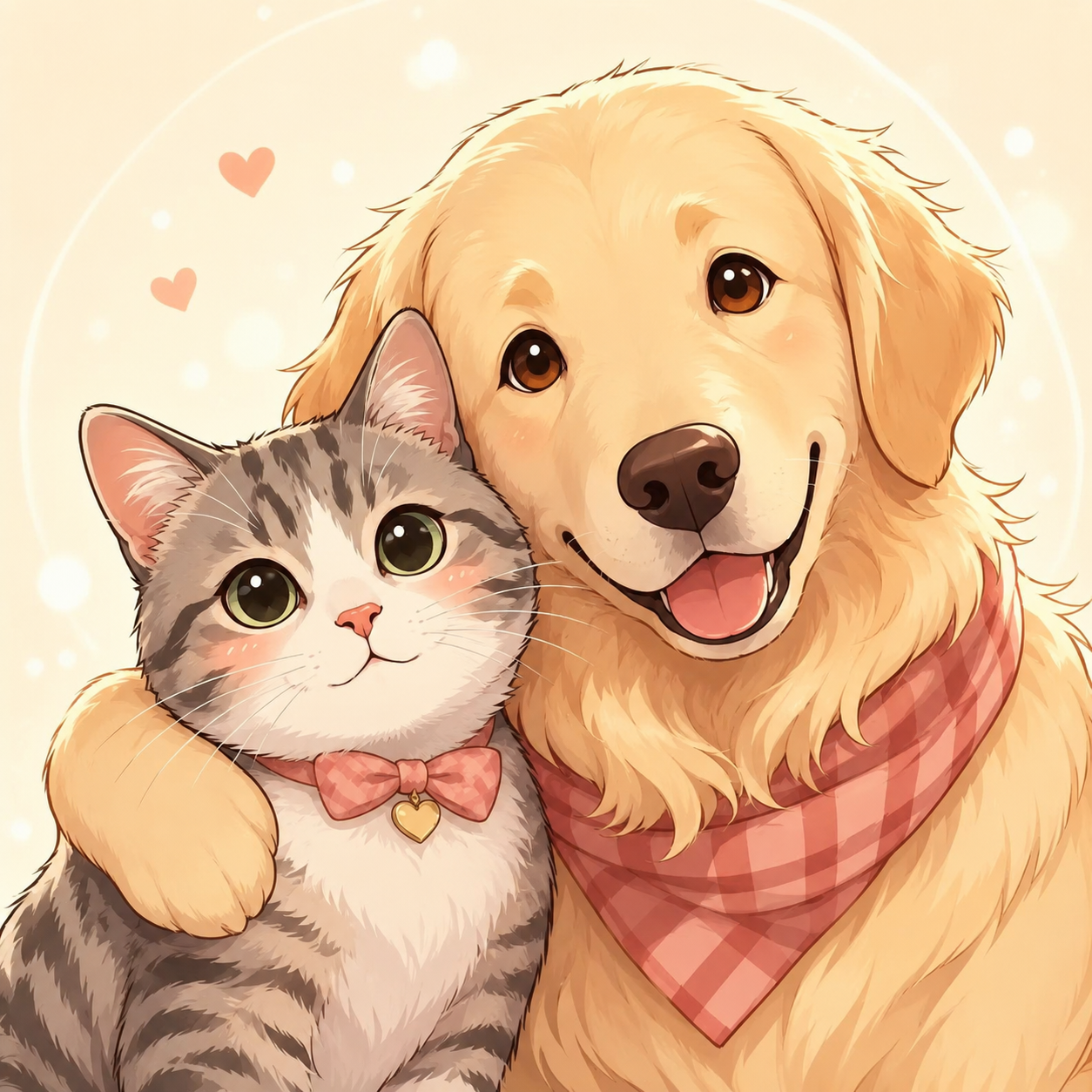 相互依偎的猫咪和金毛犬插画